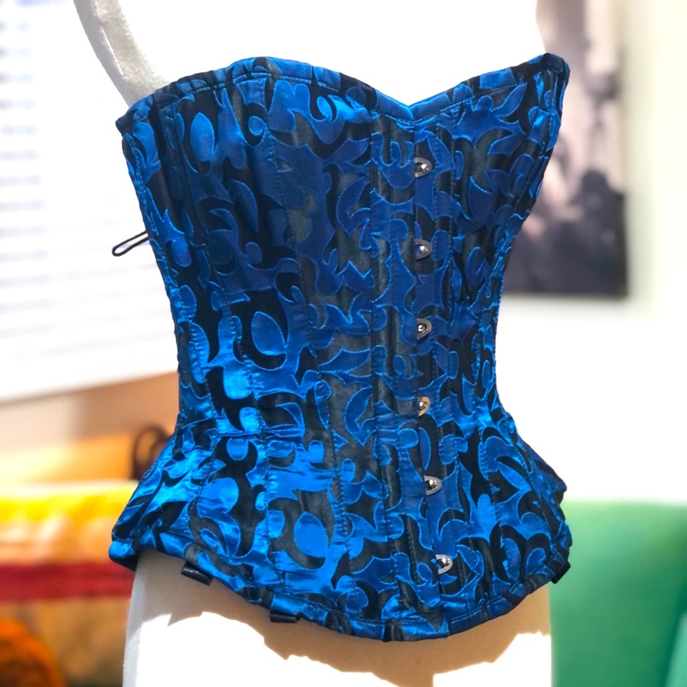 90s/Y2K Blue & Black Satin Brocade Strapless Boned Corset Top